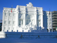An ice sculptureof the Trevi Fountain in Rome at the Sapporo Snow Festival